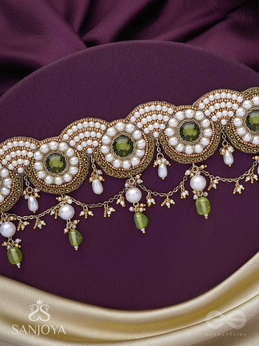 Pradavya - The Goddess Glamour - Stones, Beads And Pearls Hand Embroidered Neckpiece