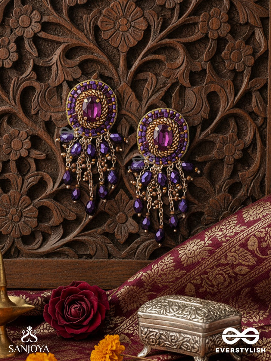 Anisam - The Shining Night - Stone, Beads And Glass Drops Hand Embroidered Earrings