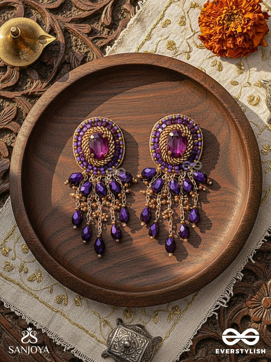 Anisam - The Shining Night - Stone, Beads And Glass Drops Hand Embroidered Earrings