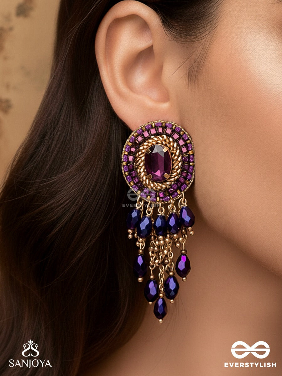 Anisam - The Shining Night - Stone, Beads And Glass Drops Hand Embroidered Earrings