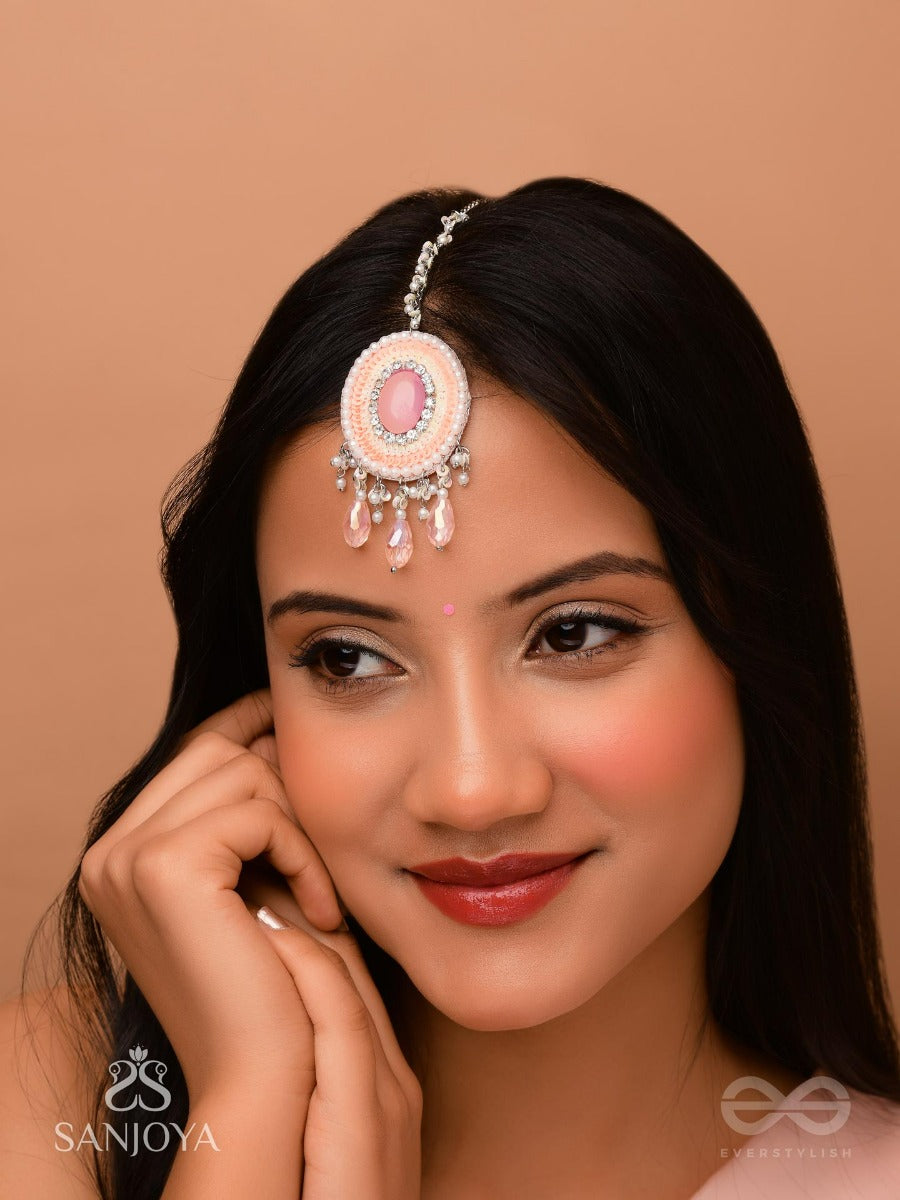 Alijihvika - The Sweet Mist - Stone, Sequins And Glass Drop Hand Embroidered Maangtika