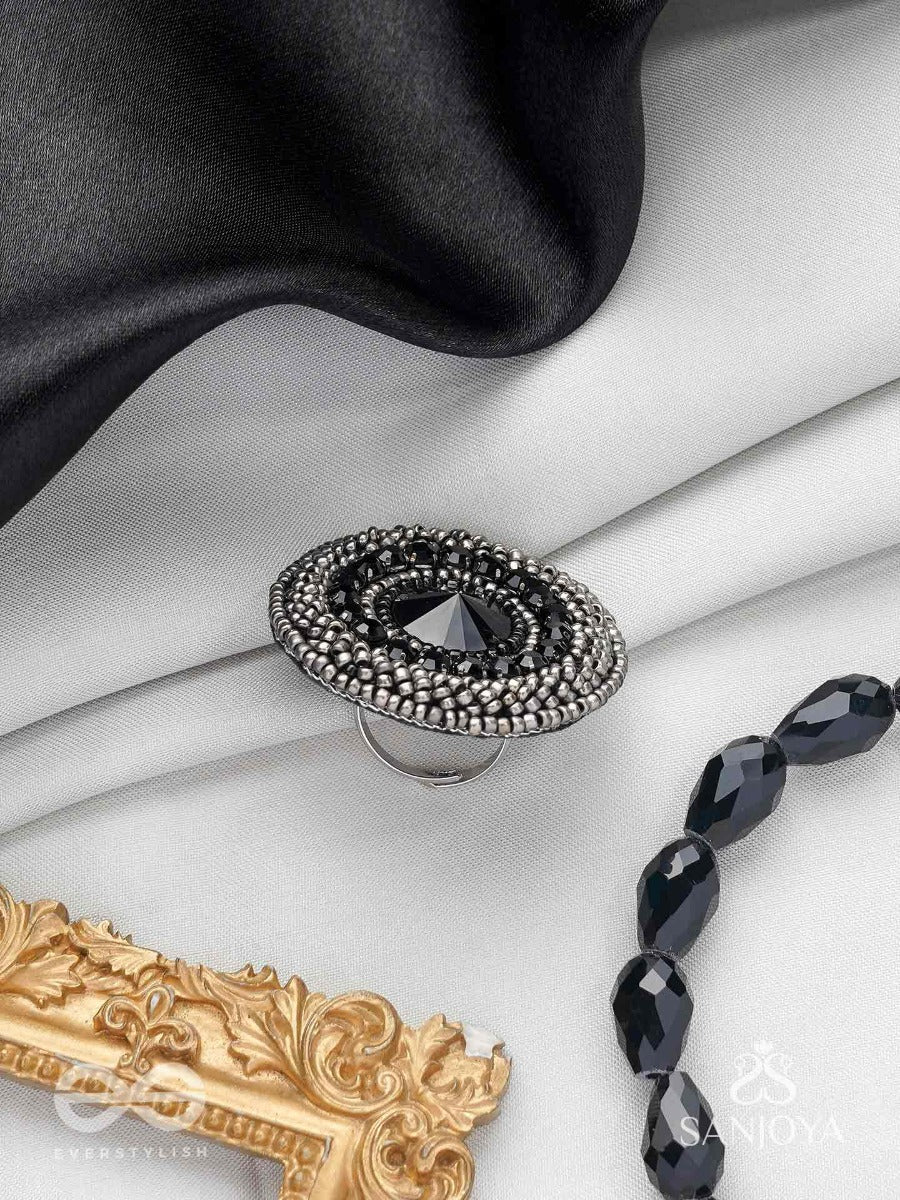 Amavasya - The New Moon Night - Stone And Beads Hand Embroidered Ring