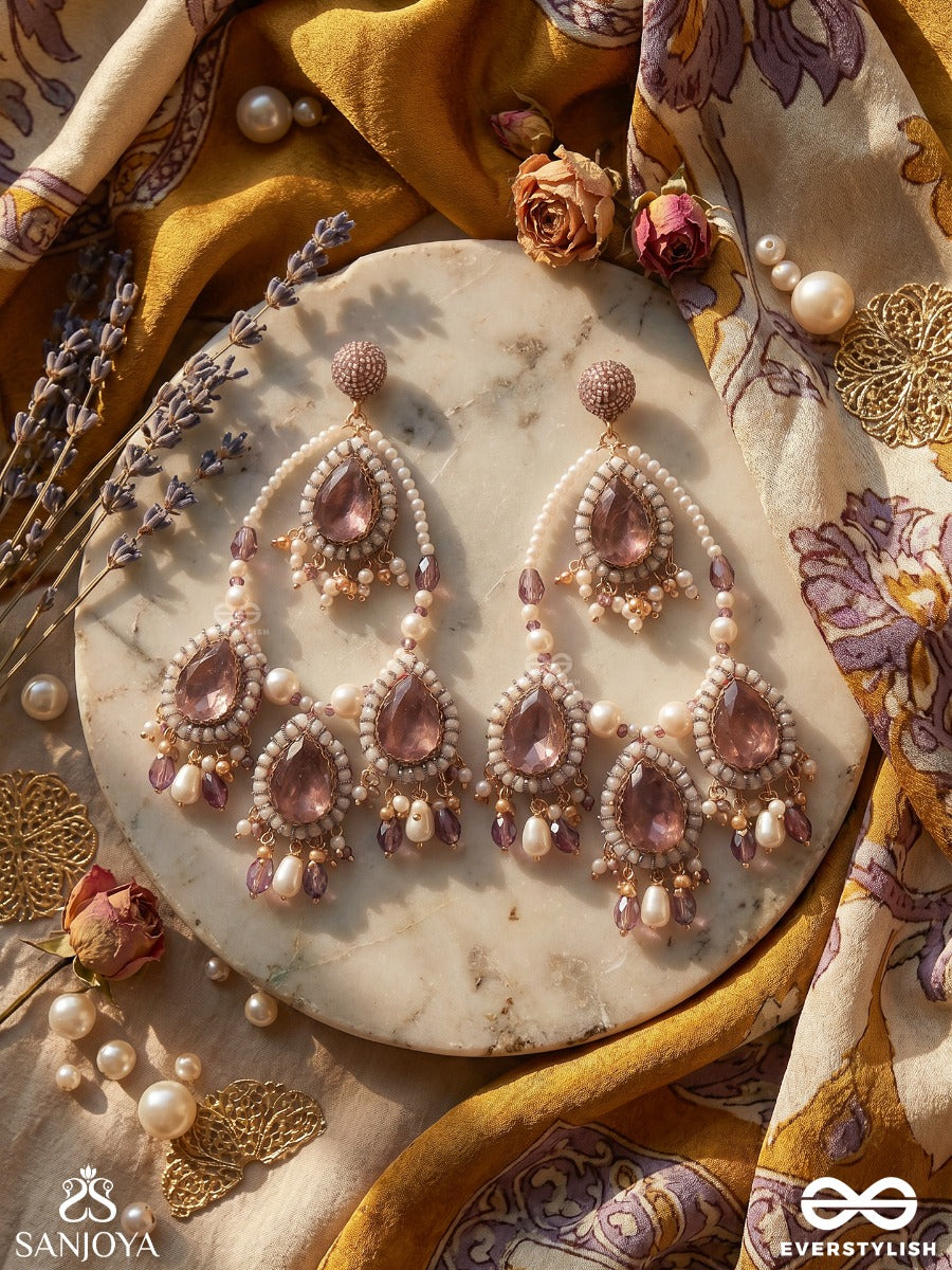 Viruda - Blushing Majesty - Stone And Beads Hand Embroidered Crystal Chandelier Earrings