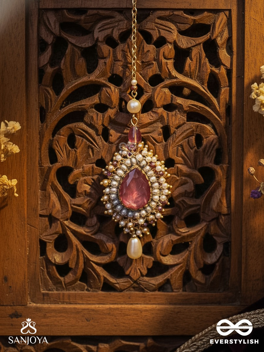Asyama - The Violet Veil - Beads, Pearl And Stone Hand Embroidered Maangtika