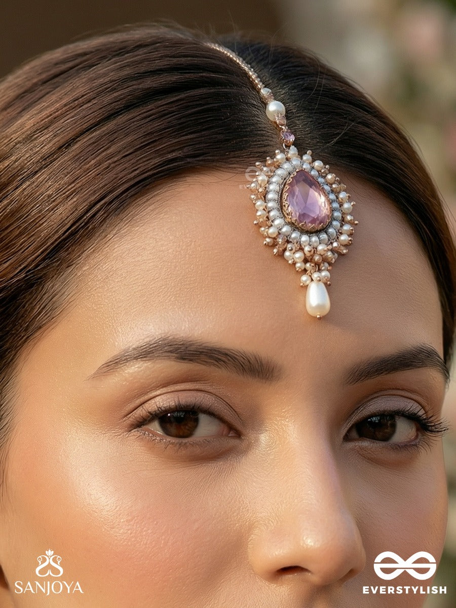 Asyama - The Violet Veil - Beads, Pearl And Stone Hand Embroidered Maangtika