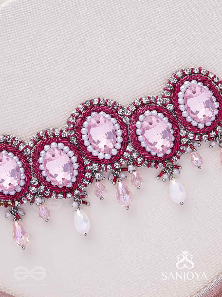 Udagat - Blushing Rose - Stone, Beads And Glass Drops Hand Embroidered Neckpiece