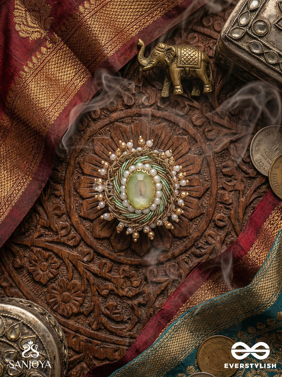 Dyutaka - The Enchanted Forest - Stone And Beads Hand Embroidered Ring (Adjustable)