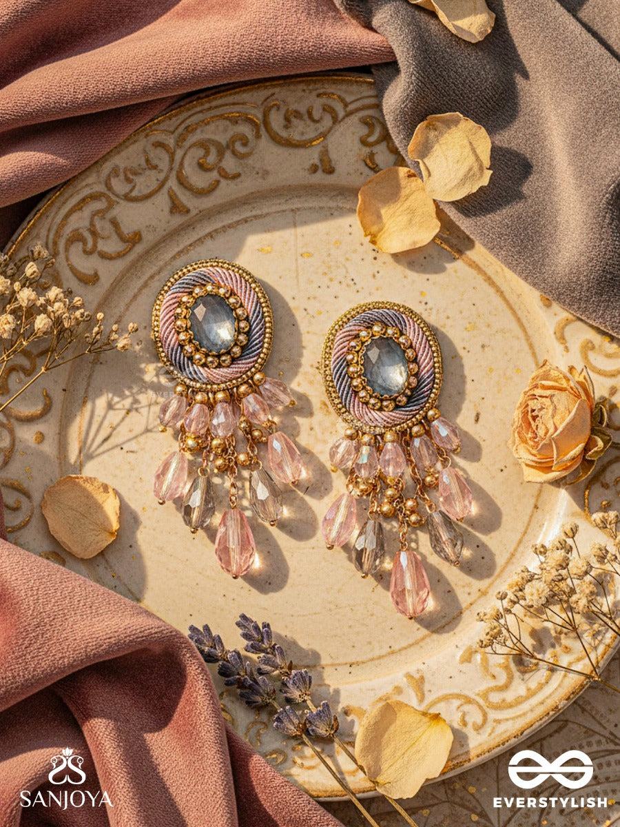 Ahraya - The Pink Fog - Stone, Beads And Glass Drop Hand Embroidered Earrings