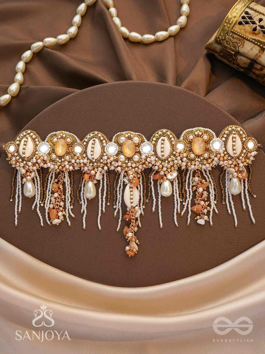 Sankhika- Coastal Gleam - Beads, Shells And Stone Hand Embroidered Neckpiece