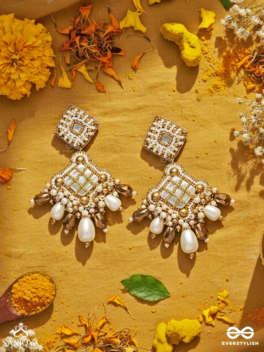 Kosavasin - Golden Sands Delight -Beads And Glass Drops Hand Embroidered Earrings