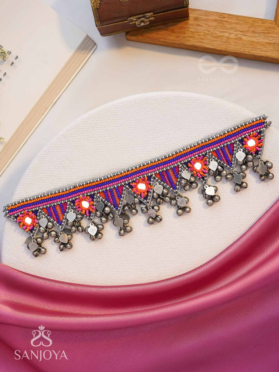 Sunarda - Amber Horizon - Mirror And Beads Hand Embroidered Oxidised Neckpiece