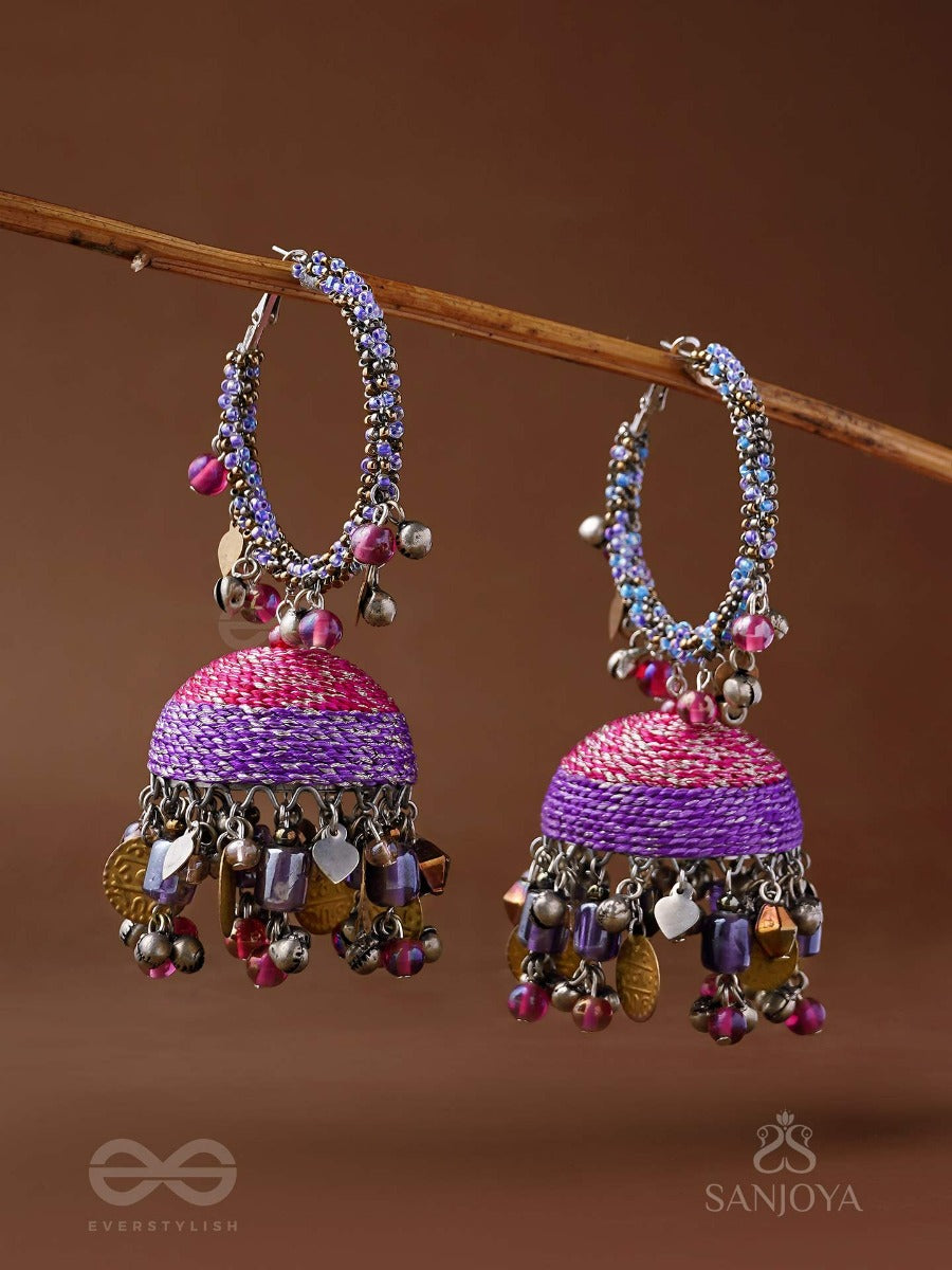 Dvibhat - The Twilight Tinkles - Resham, Coins And Beads Hand Embroidered Oxidised Jhumka Earrings