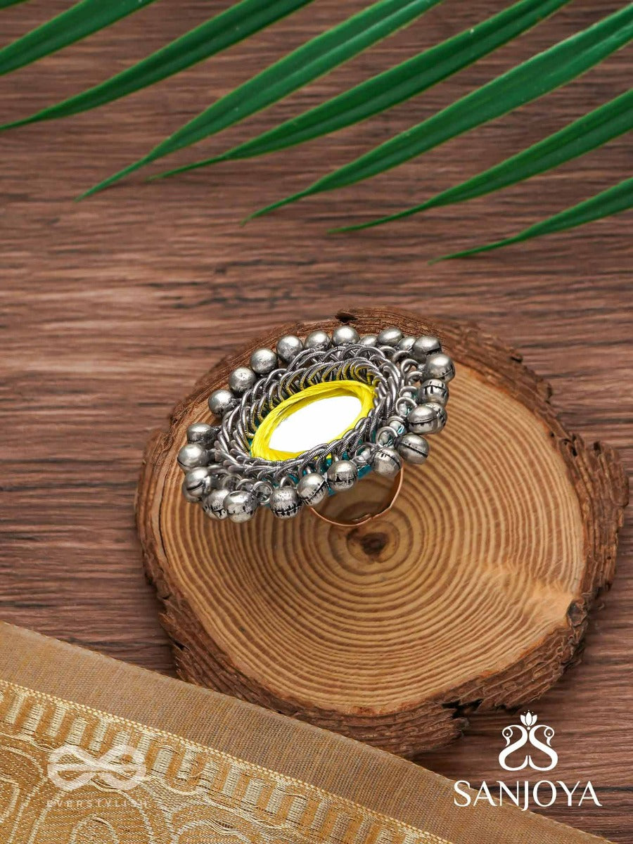 Patangah - Music Of Sunshine - Mirror, Resham And Beads Hand Embroidered Oxidised Ring