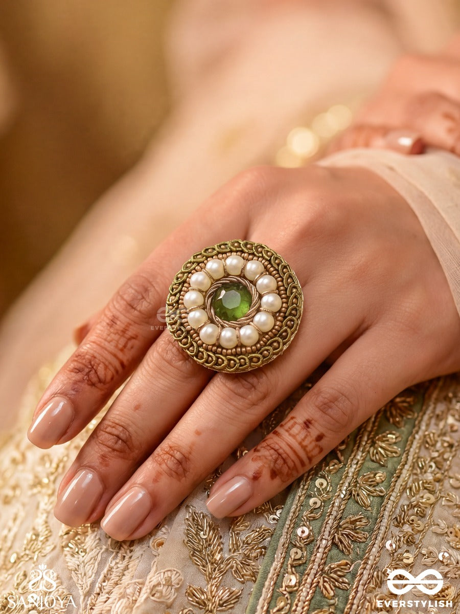 Aranyaja - Born In Forest - Beads And Stone Hand Embroidered Ring (Adjustable)