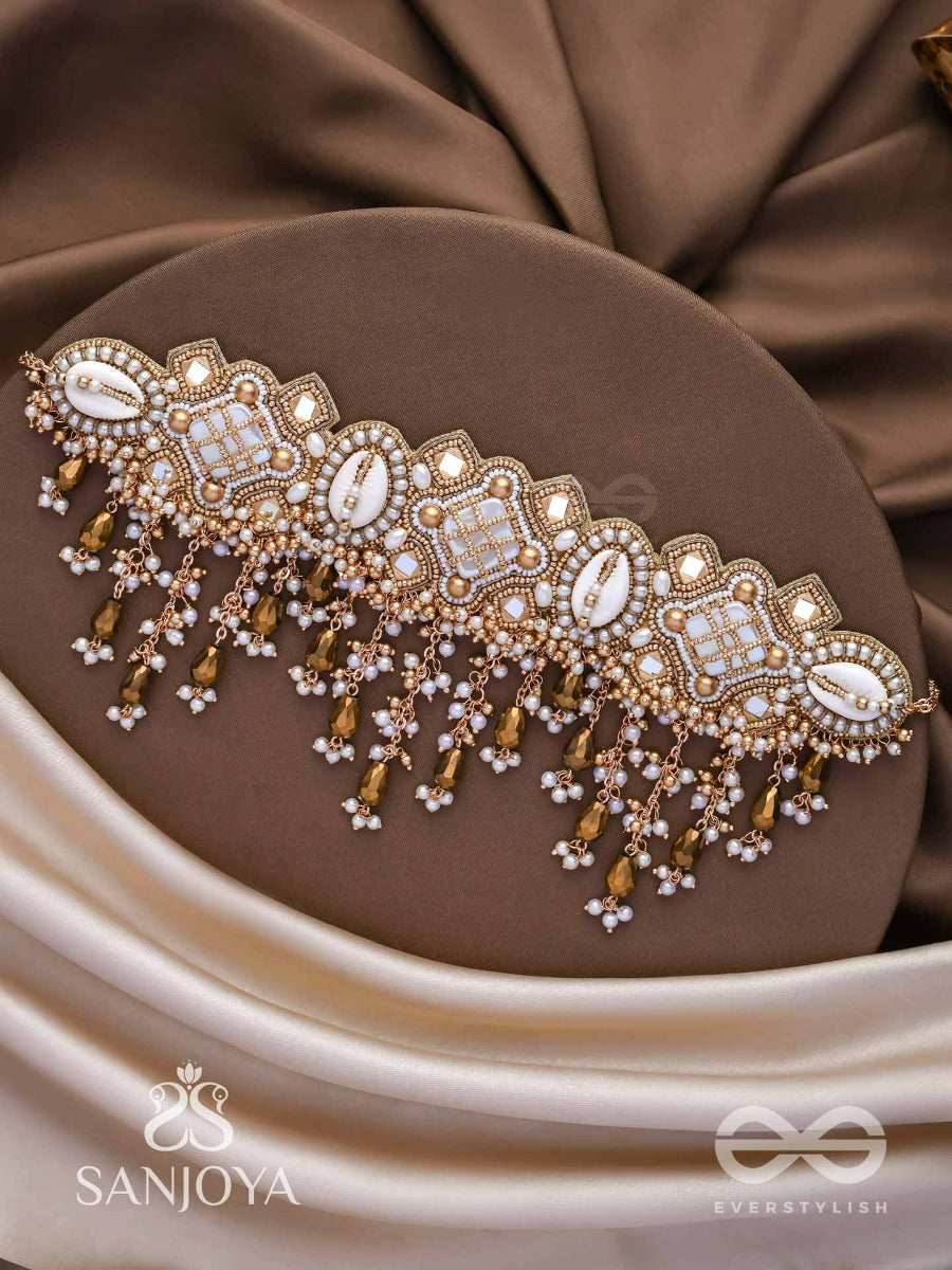 Bhadrashochi- The Shimmering Shower- Shells, Beads, Mirror And Glass Drops Hand Embroidered Choker Neckpiece