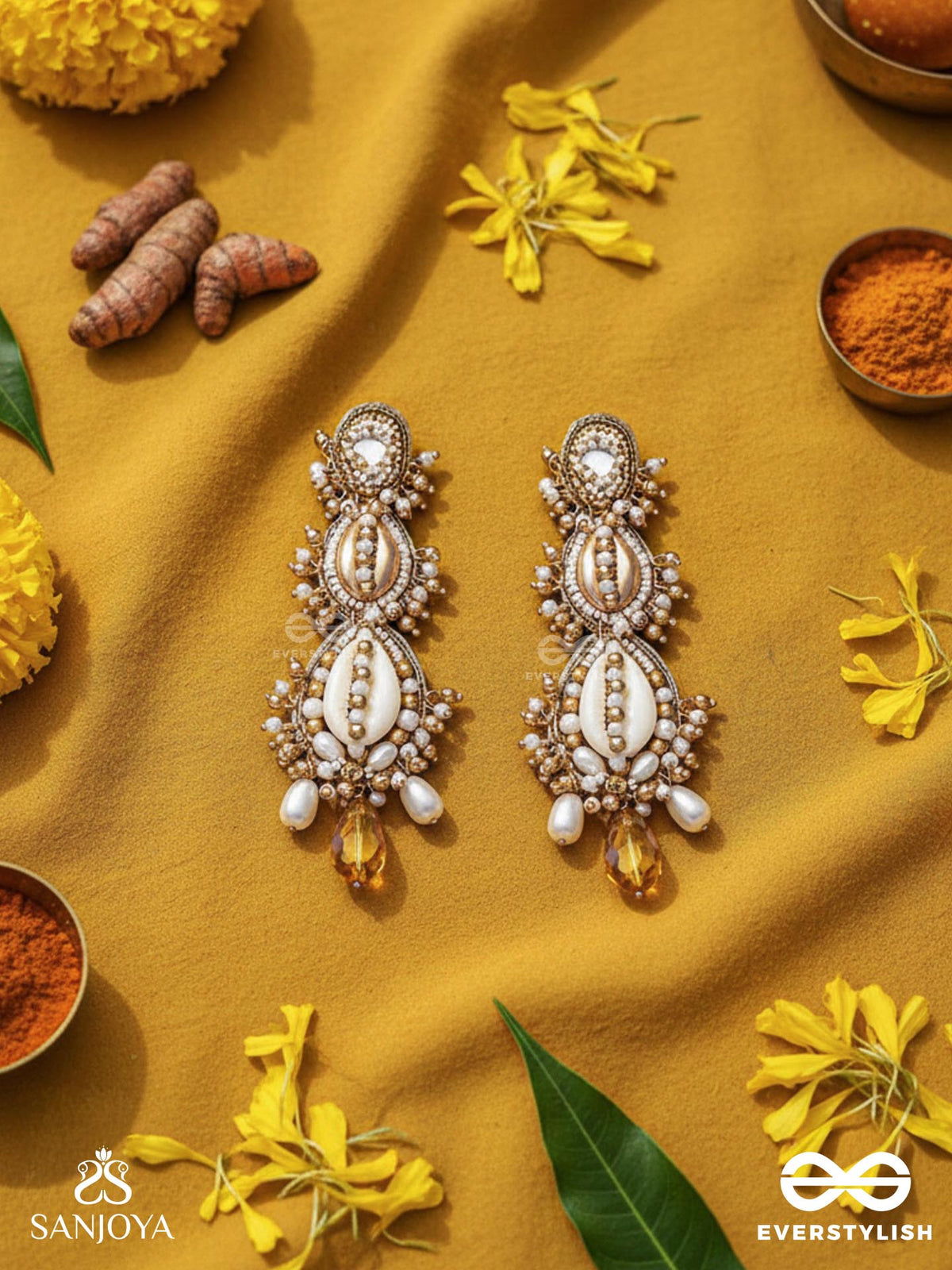Samudrika- The Marine Magic- Shells, Beads, Pearl And Glass Drops Hand Embroidered Earrings