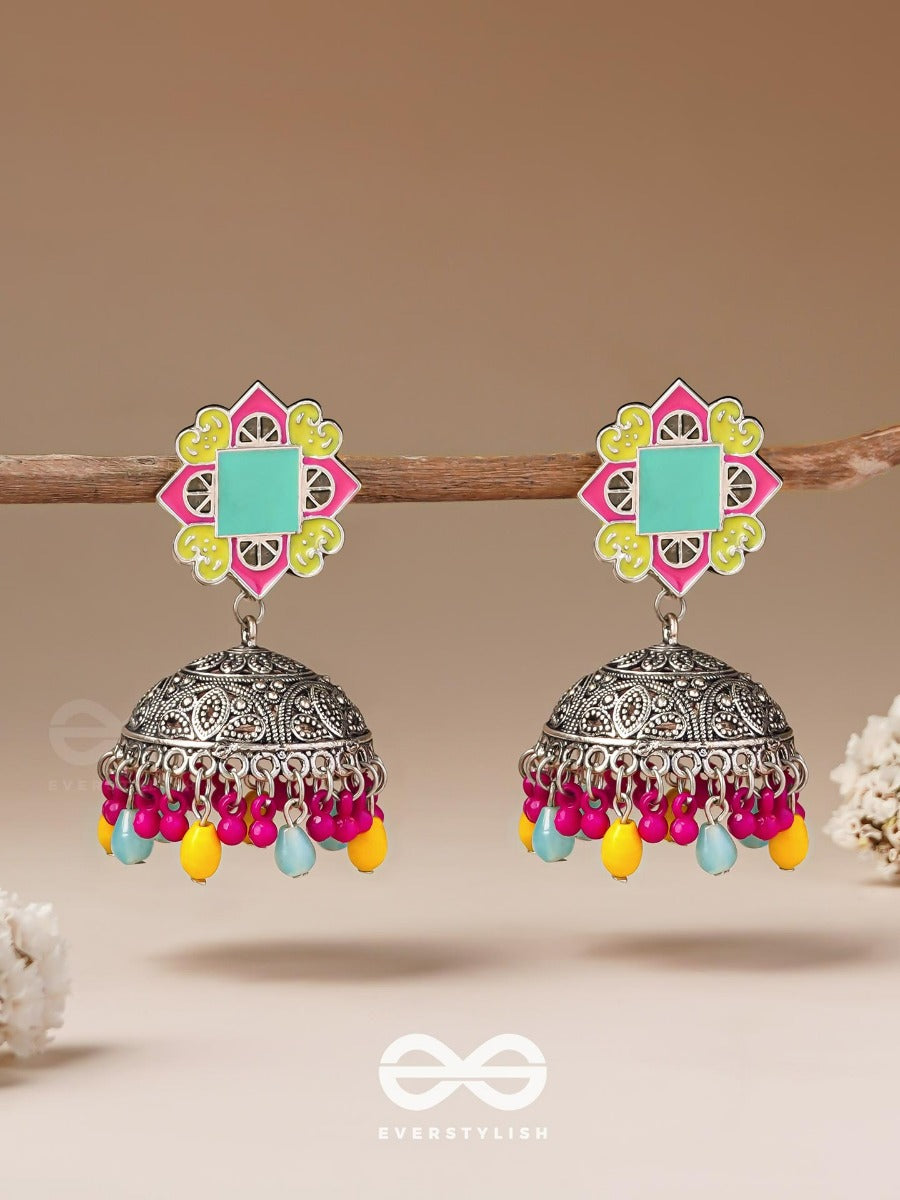 The Flowers Of Spring - Enamelled Oxidised Jodhpuri Jhumkas