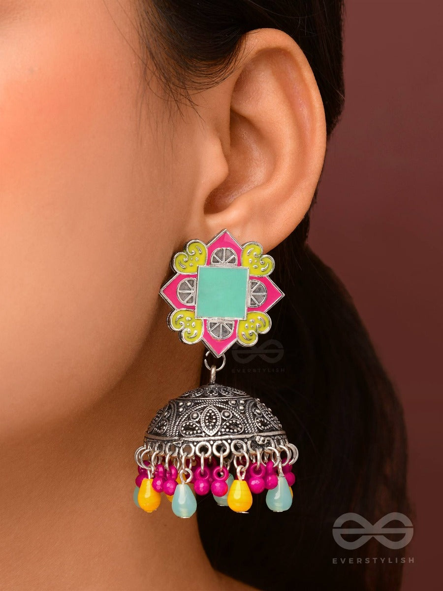 The Flowers Of Spring - Enamelled Oxidised Jodhpuri Jhumkas