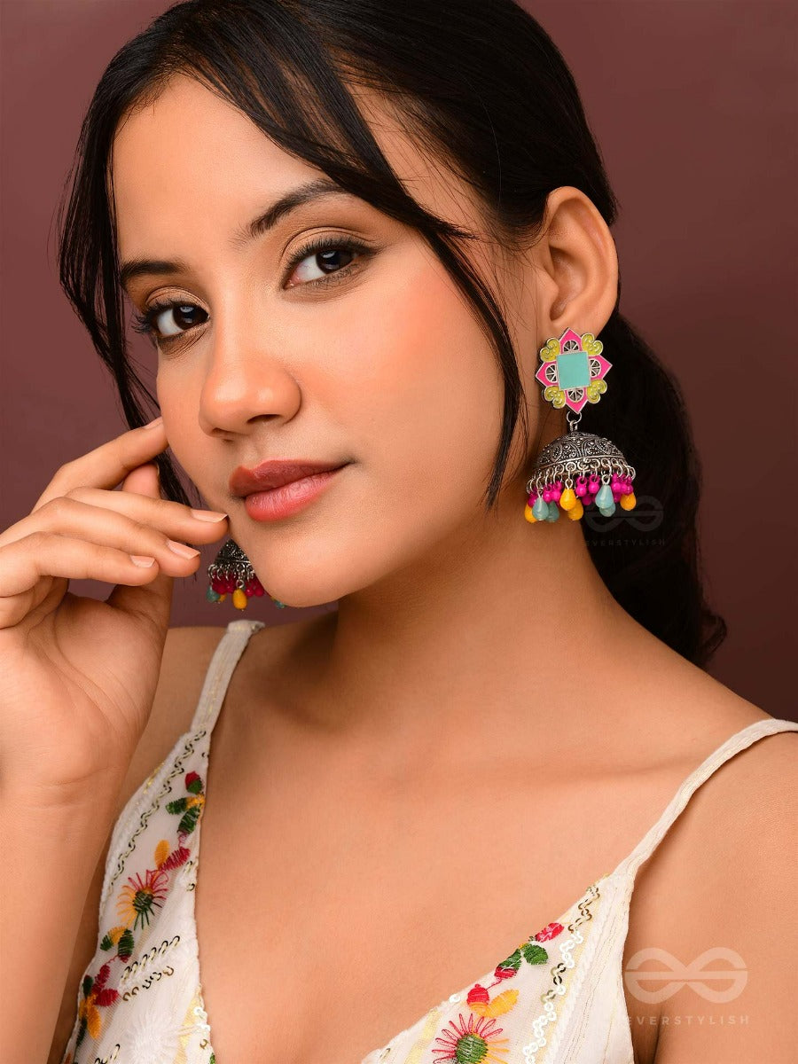 The Flowers Of Spring - Enamelled Oxidised Jodhpuri Jhumkas