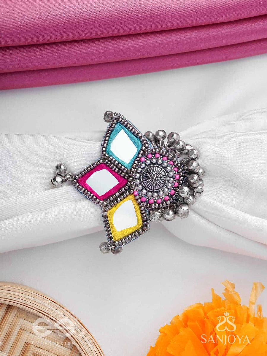 Abhicharita- The Tiny Charms- Mirror, Resham And Beads Hand Embroidered Ring