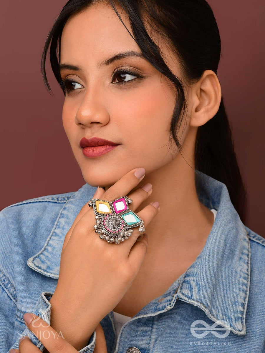 Abhicharita- The Tiny Charms- Mirror, Resham And Beads Hand Embroidered Ring
