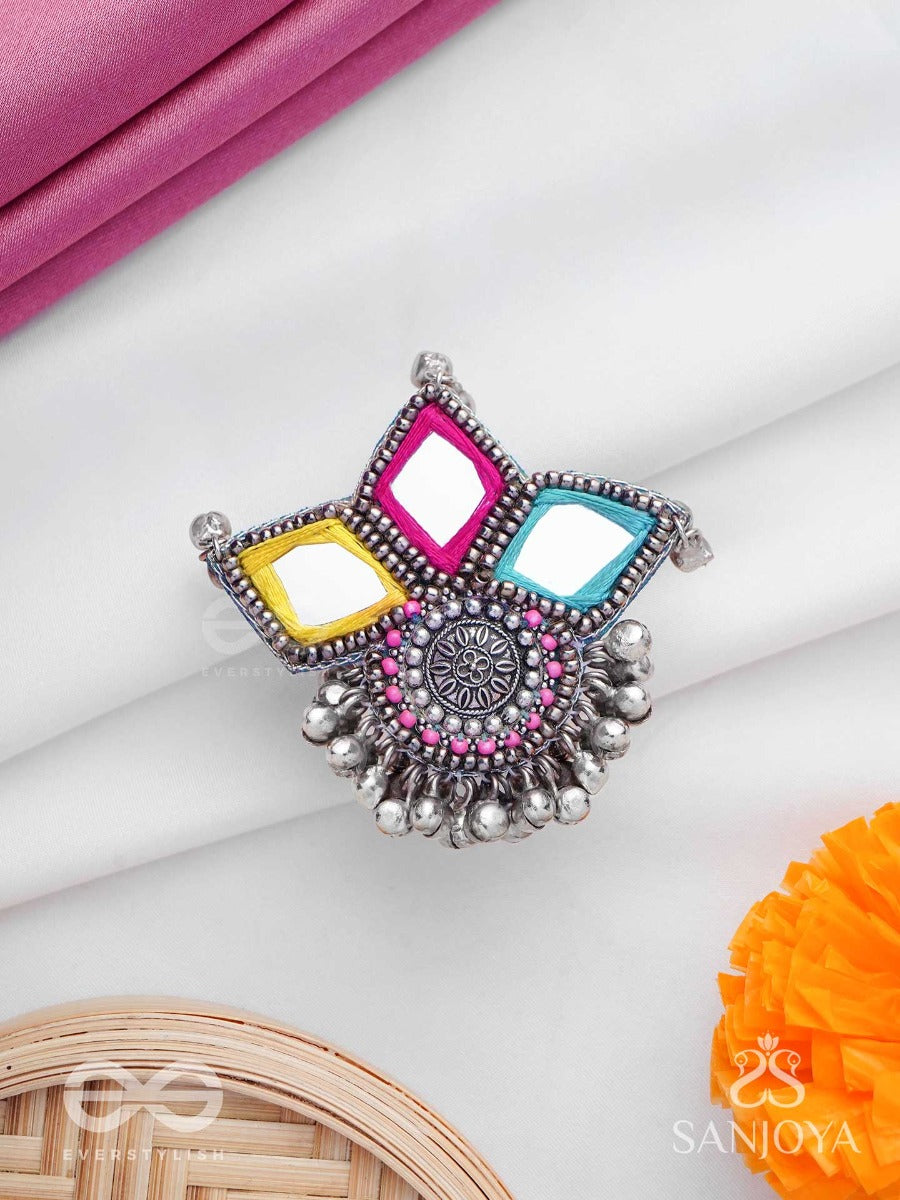 Abhicharita- The Tiny Charms- Mirror, Resham And Beads Hand Embroidered Ring