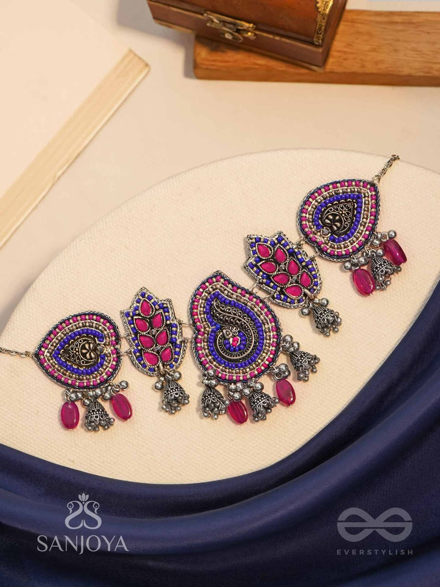 Strimaye - The Passionate Femininity - Beads And Stones Hand Embroidered Oxidised Neckpiece