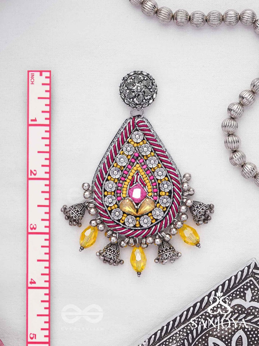 Jatimaha- The Festive Evening- Stones, Beads And Glass Drops Hand Embroidered Oxidised Earrings