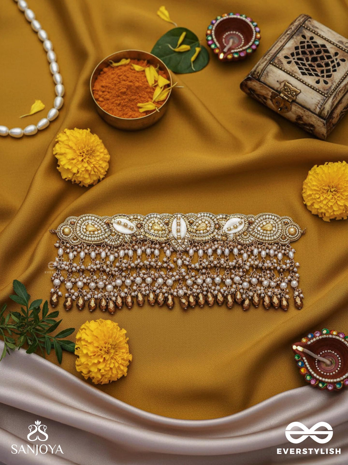 Prishit - Remnants Of The Raindrops- Stones, Beads, Glass Drops And Shells Hand Embroidered Choker Neckpiece