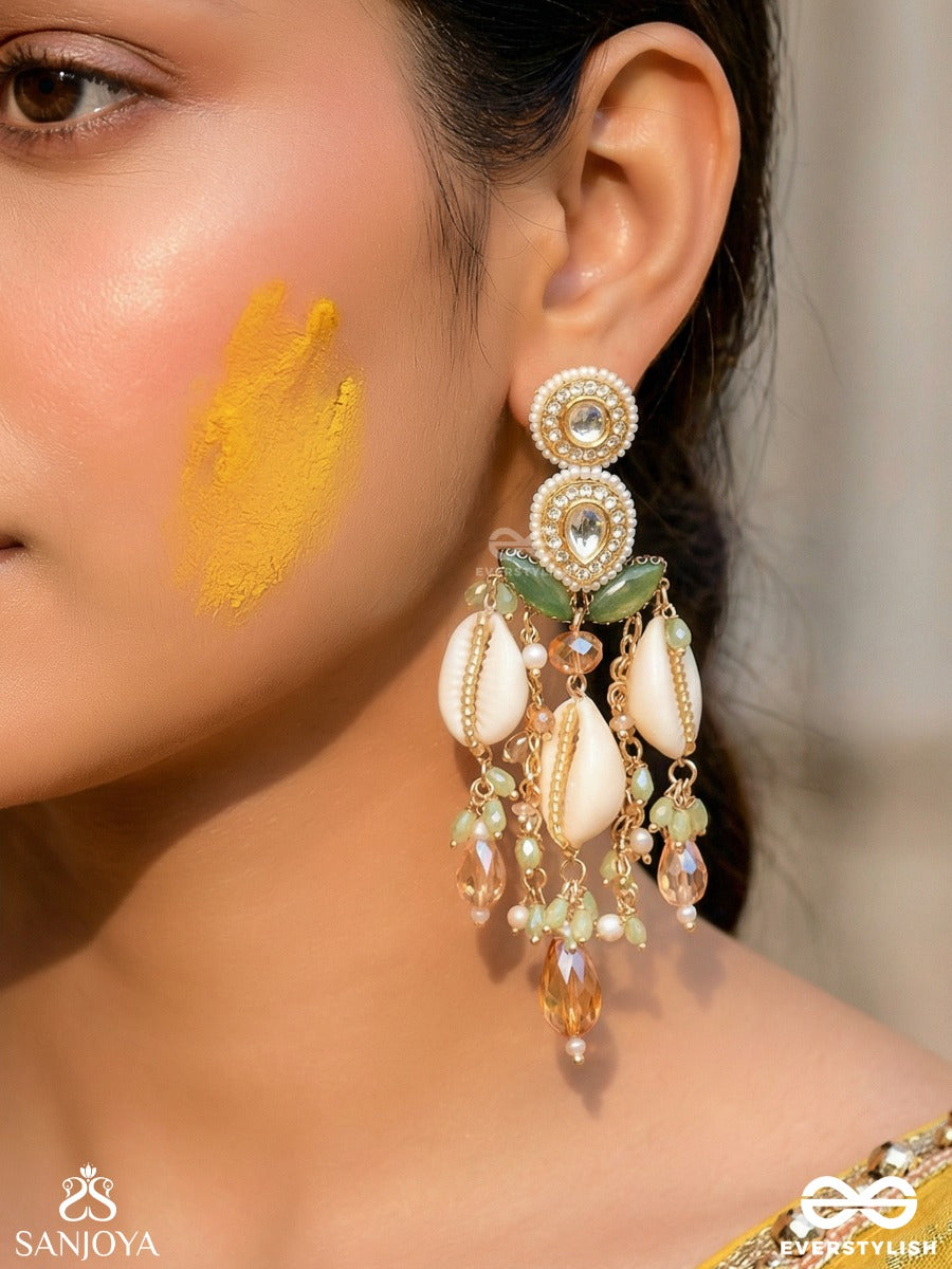 Divyaan- The Celestial Dreamdust- Shells, Beads, Polki And Kundan Finished Hand Embroidered Earrings