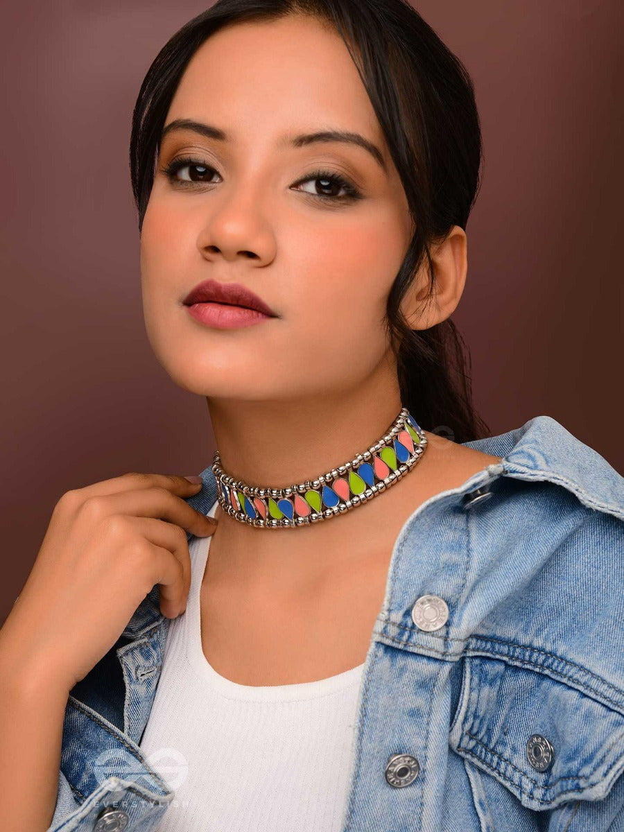 The Vivid Drops - Enamelled Oxidised Choker Neckpiece (Multicolour)