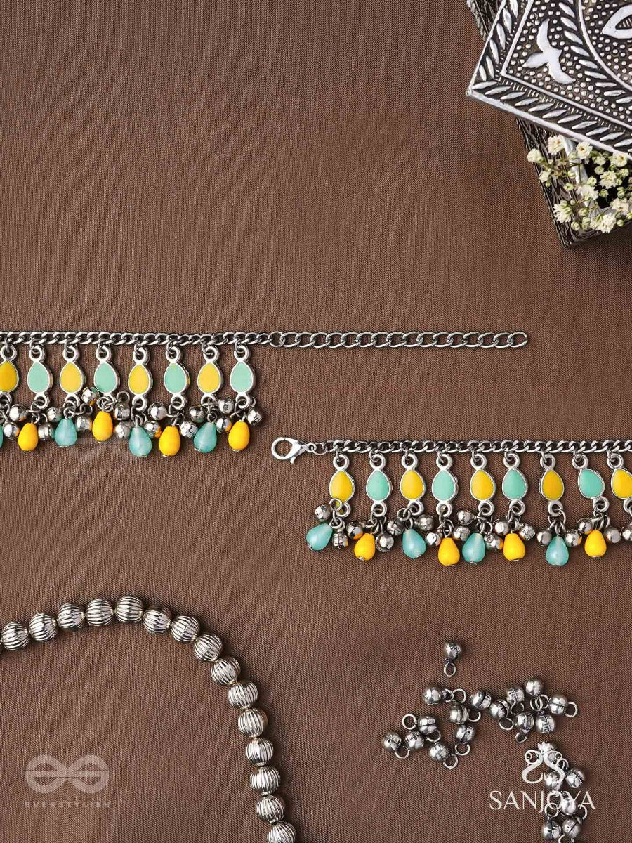 The Sunflower Garden- Enamelled Oxidised Anklets (Set Of 2)