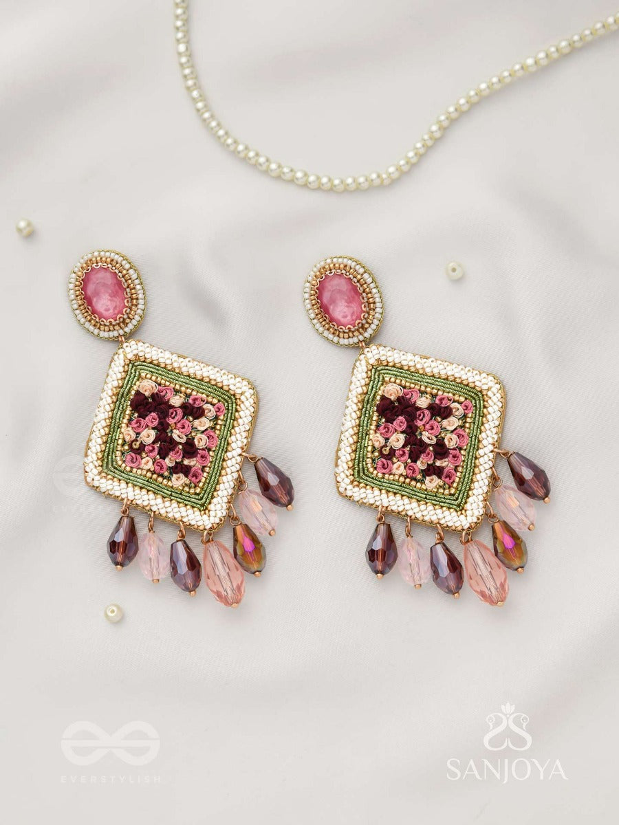 Saukumaryam- The Rouge Delicacy- Resham, Beads And Glass Drops Hand Embroidered Earrings