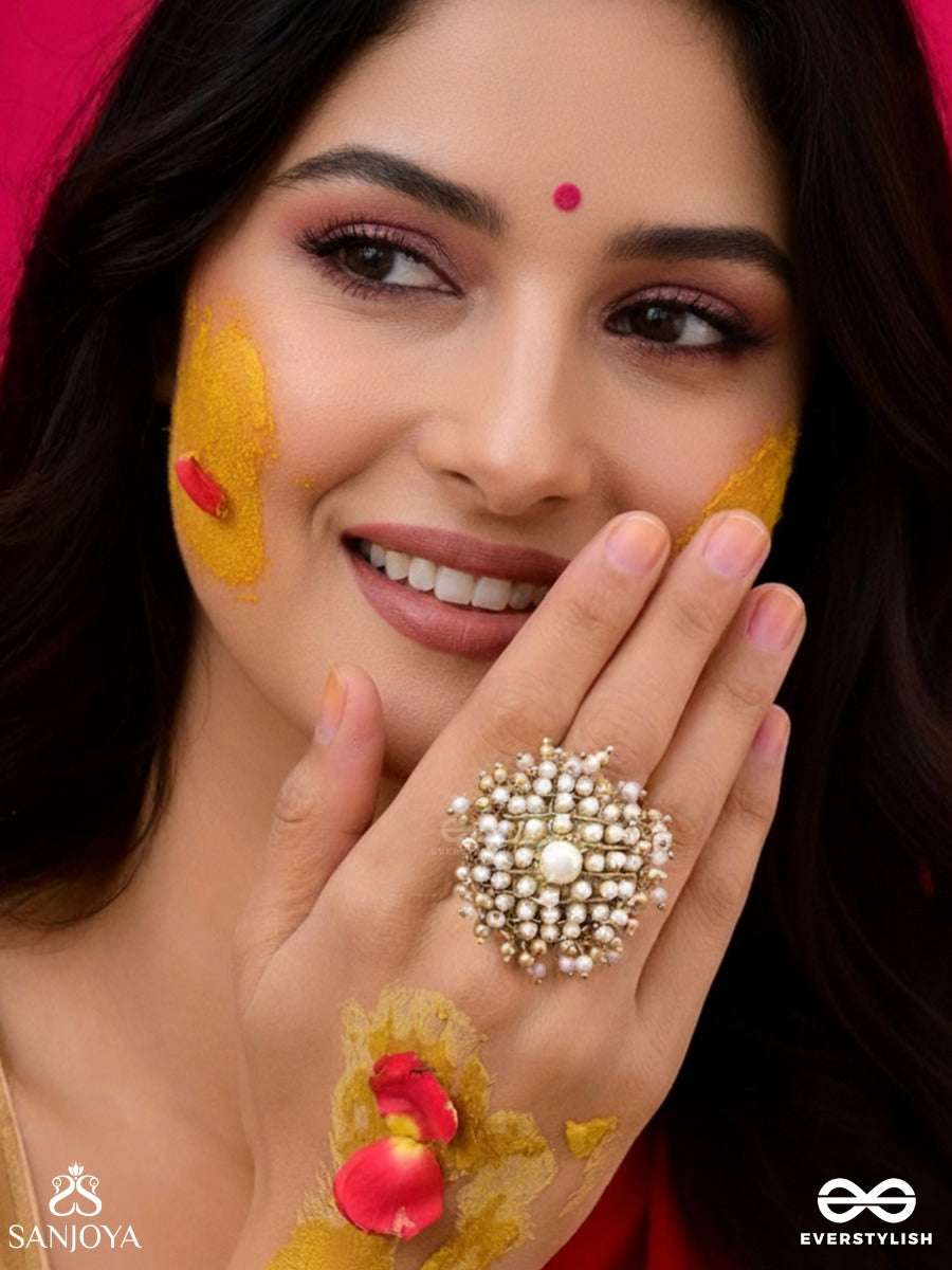 Atimukta- The Pearly Proposal- Pearl And Beads Hand Embroidered Golden Ring (Adjustable)