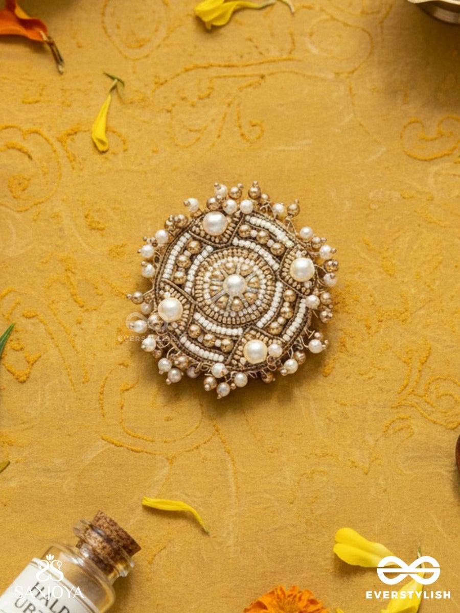 Atisrishti- The Dreamy Creation- Pearls And Beads Hand Embroidered Golden Ring (Adjustable)