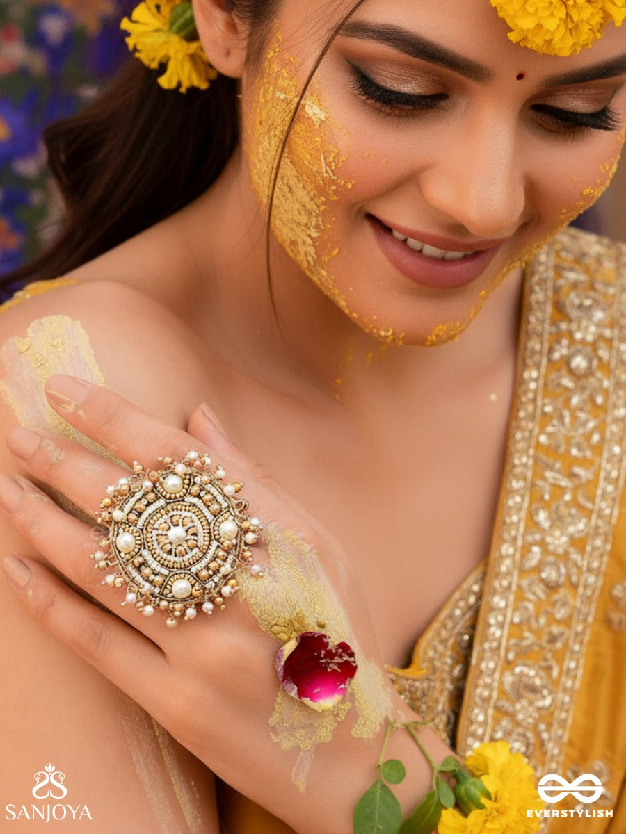 Atisrishti- The Dreamy Creation- Pearls And Beads Hand Embroidered Golden Ring (Adjustable)