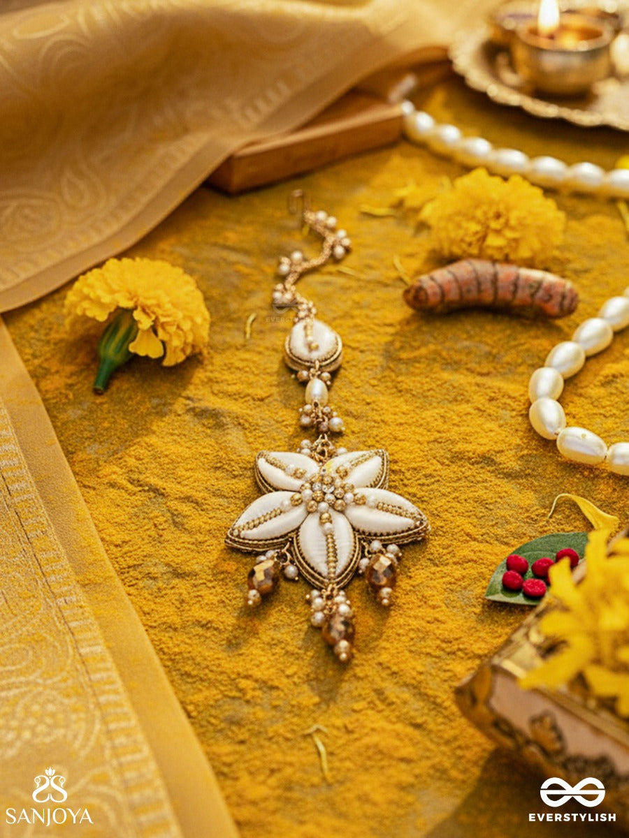 Stimit - The Cowrie Calm- Shells, Beads And Glass Drops Hand Embroidered Maangtika