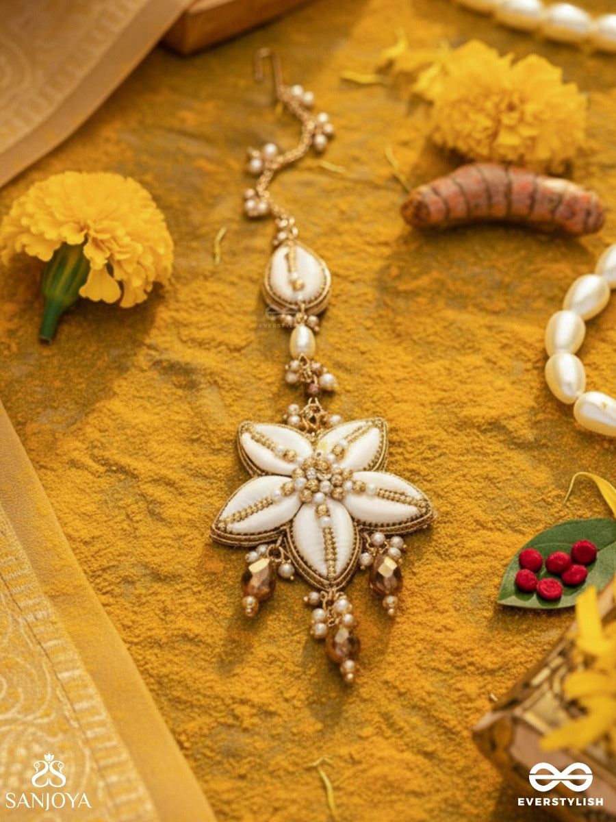 Stimit - The Cowrie Calm- Shells, Beads And Glass Drops Hand Embroidered Maangtika