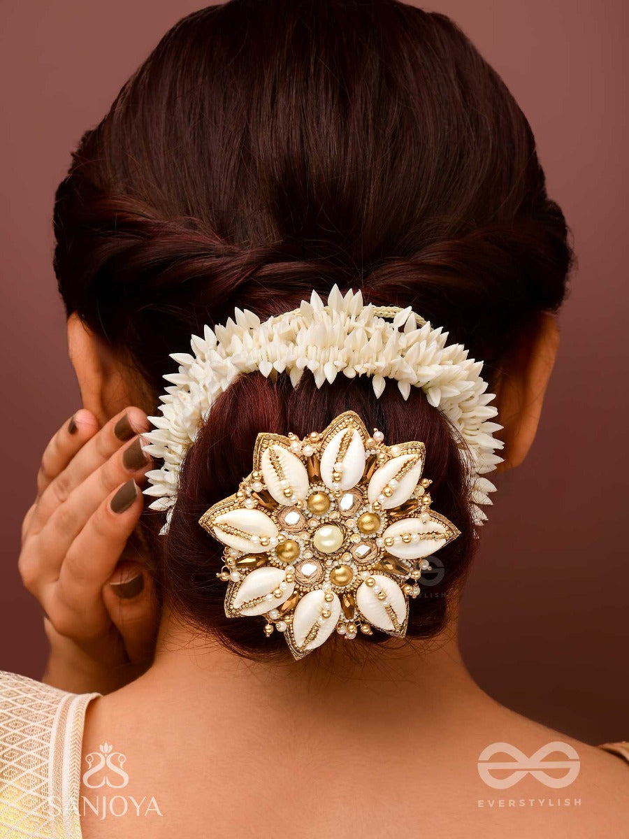 Ucchvasit - The Cowrie Bloom - Mirrors, Shells And Beads Hand Embroidered Hair Accessory