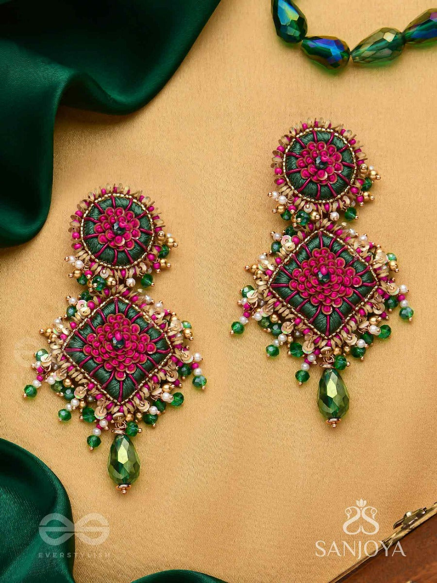 Ardramanjari - The Peony Cluster - Resham, Beads And Glass Drops Hand Embroidered Earrings
