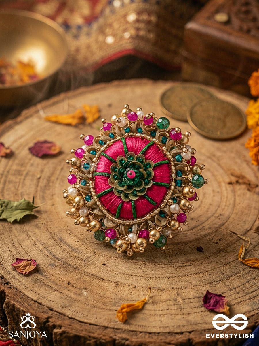 Bibhrat - The Luminous Pink - Resham, Beads And Dabka Hand Embroidered Ring (Adjustable)