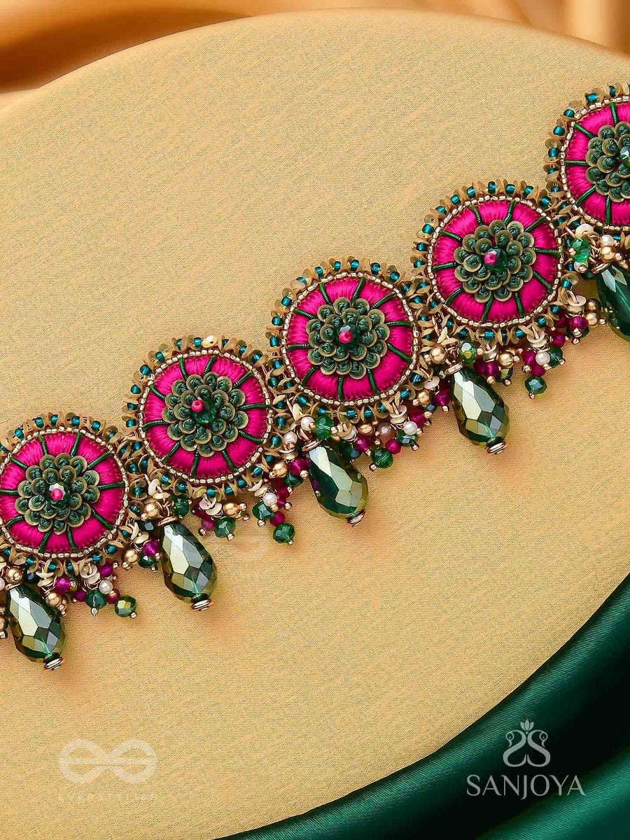 Sankirnau - The Floral Vine - Resham, Beads, Sequins And Glass Drops Hand Embroidered Choker Neckpiece