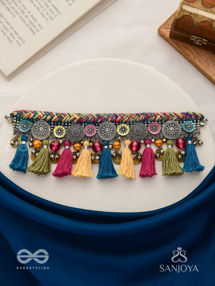Akalka - The Moonlit Fur - Resham, Beads And Coins Hand Embroidered Oxidised Choker Neckpiece