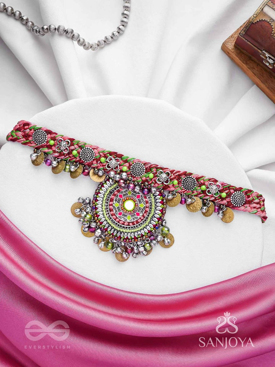 Mrigarsukt - The Hymns Of Flowers - Resham, Coins And Beads Hand Embroidered Oxidised Choker Neckpiece