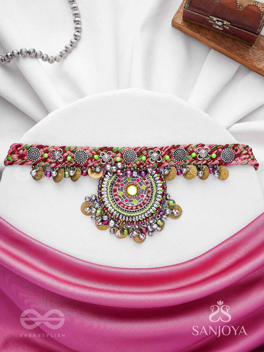 Mrigarsukt - The Hymns Of Flowers - Resham, Coins And Beads Hand Embroidered Oxidised Choker Neckpiece