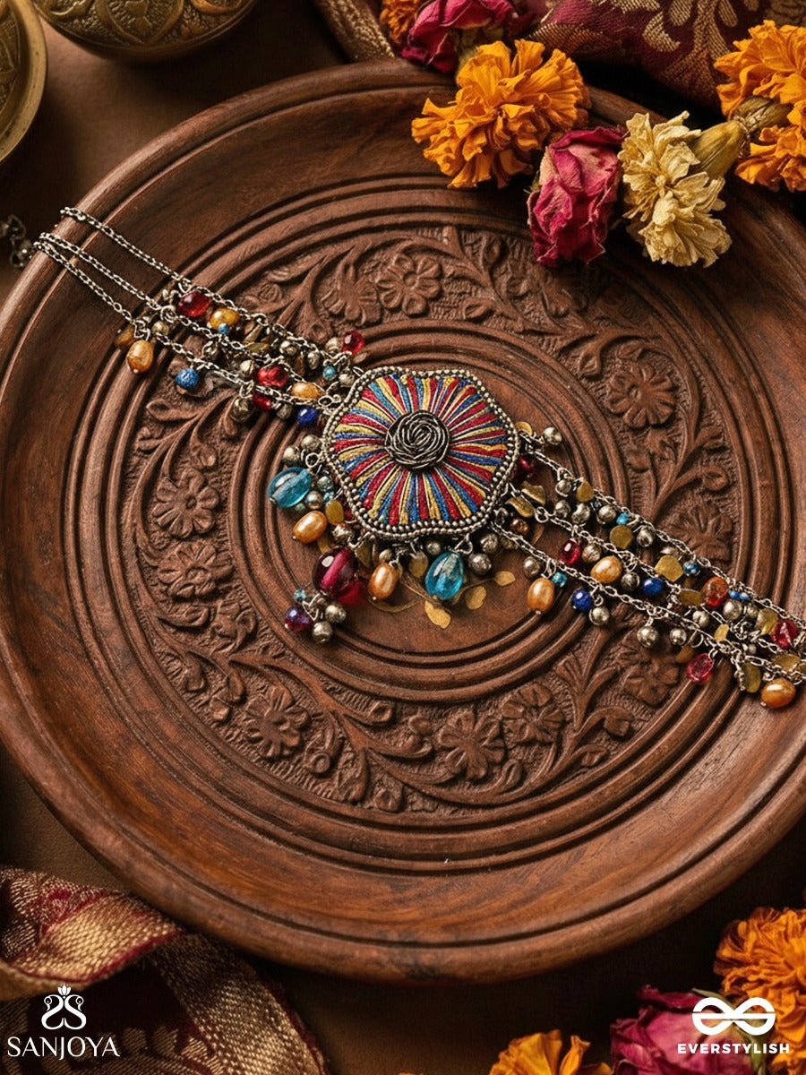 Shaleenta - The Shy Posy - Resham, Dabka And Glass Drops Hand Embroidered Oxidised Choker Neckpiece