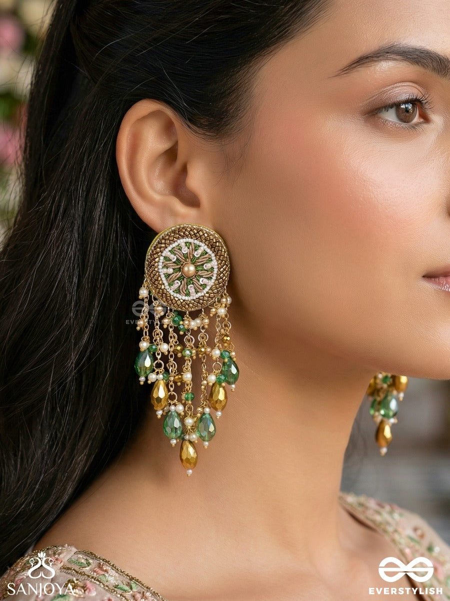 Varsham - The Captivating Rainfall - Cutdana, Dabka, Beads And Glass Drops Hand Embroidered Earrings