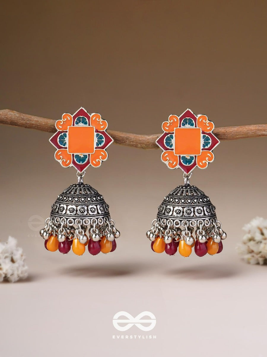 The Warm Hues - Enamelled Oxidised Jodhpuri Jhumkas