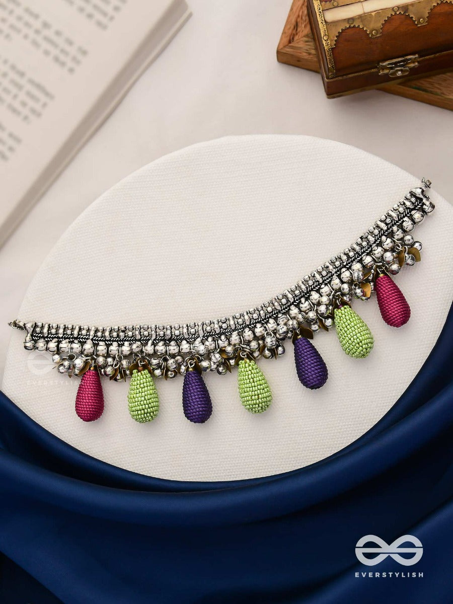 Drops Of Intricacy - Beads And Coins Oxidised Hand Embroidered Choker Neckpiece