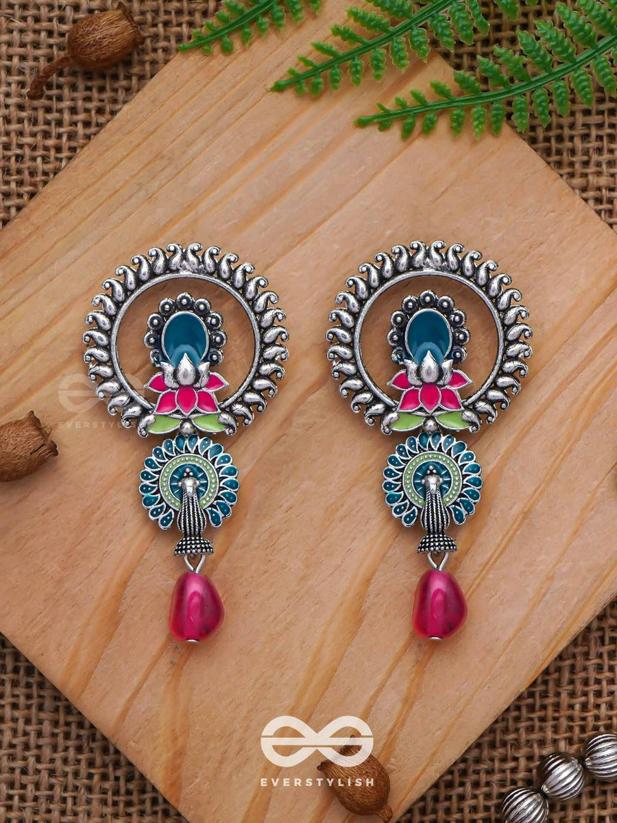 The Peacock Nelumbos - Enamelled Oxidised Jodhpuri Jhumkas